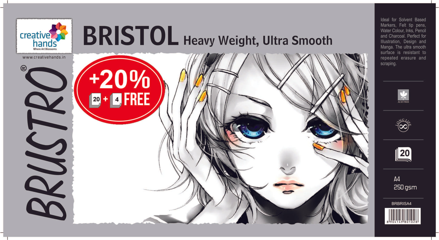 Brustro Ultra Smooth Bristol Sheets, A4 Size, 250 GSM Pack of 20 + 4 Free Sheets