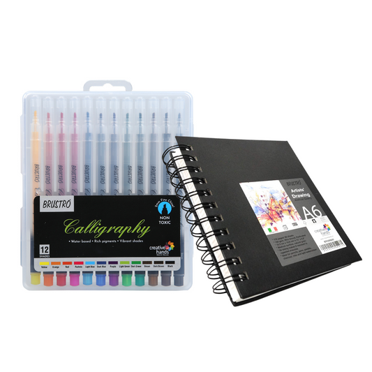 Brustro Calligraphy Pen Set of 12 with Artist Sketch Book