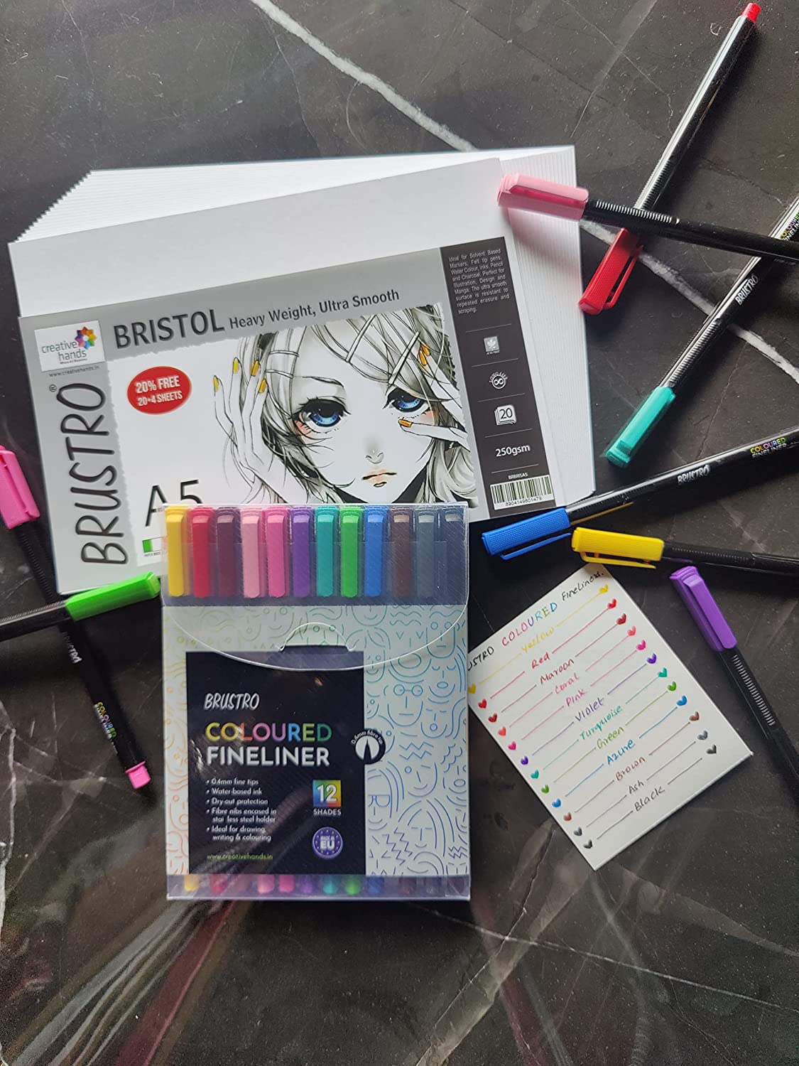 Brustro Coloured Fineliner Set of 12, 0.4mm for Writing, Drawing, Doodles, Mandala etc with Free Brustro Bristol Ultra Smooth Paper A5 Pack 24 Sheets Worth Rs 198
