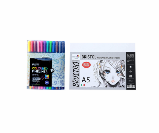 BRUSTRO Coloured Fineliner Set of 12 | Assorted Colours | 0.4mm | Ideal for Writing, Drawing, Coloring, Sketching, Doodles, Mandala Art & BRISTOL Ultra-Smooth Paper | A5, 250 gsm, 20+4 sheets/48 pages