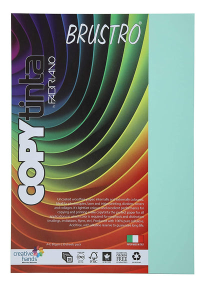 BRUSTRO Copytinta Coloured Craft Paper A4 Size 80 GSM Pastel Green Shade, 30 Sheets Pack. Double Side Coloured for Office Printing, Art, Origami, Craft. VERDE CHIARO