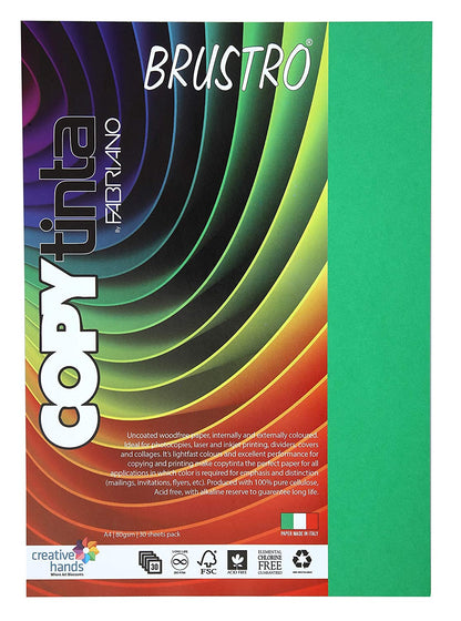 BRUSTRO Copytinta Coloured Craft Paper A4 Size 80 GSM Pastel Green Shade, 30 Sheets Pack. Double Side Coloured for Office Printing, Art, Origami, Craft. VERDE CHIARO