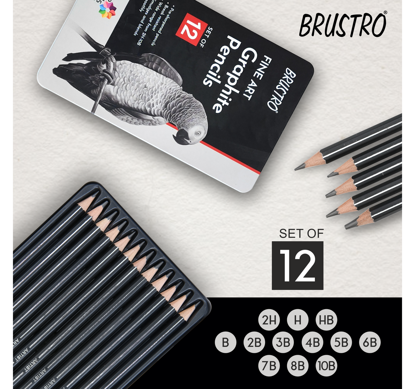 Brustro Artists’ Fineart Graphite Pencil Set of 12 (10B-2H) with 2 Brustro ECO-PVC Dust-free erasers and Brustro Pencil wrap (24 Slots) Canvas Roll Up Carry Case