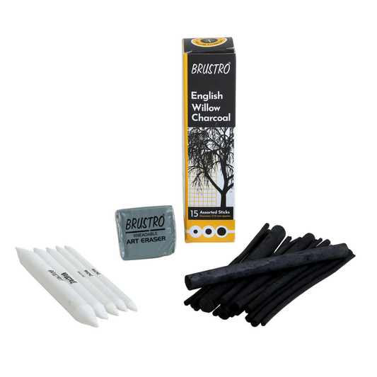 Brustro English Willow Charcoal Assorted (15 Sticks) (Free 1 Brustro Kneadable eraser and Blending Stump Set of 5 Worth Rs. 185)