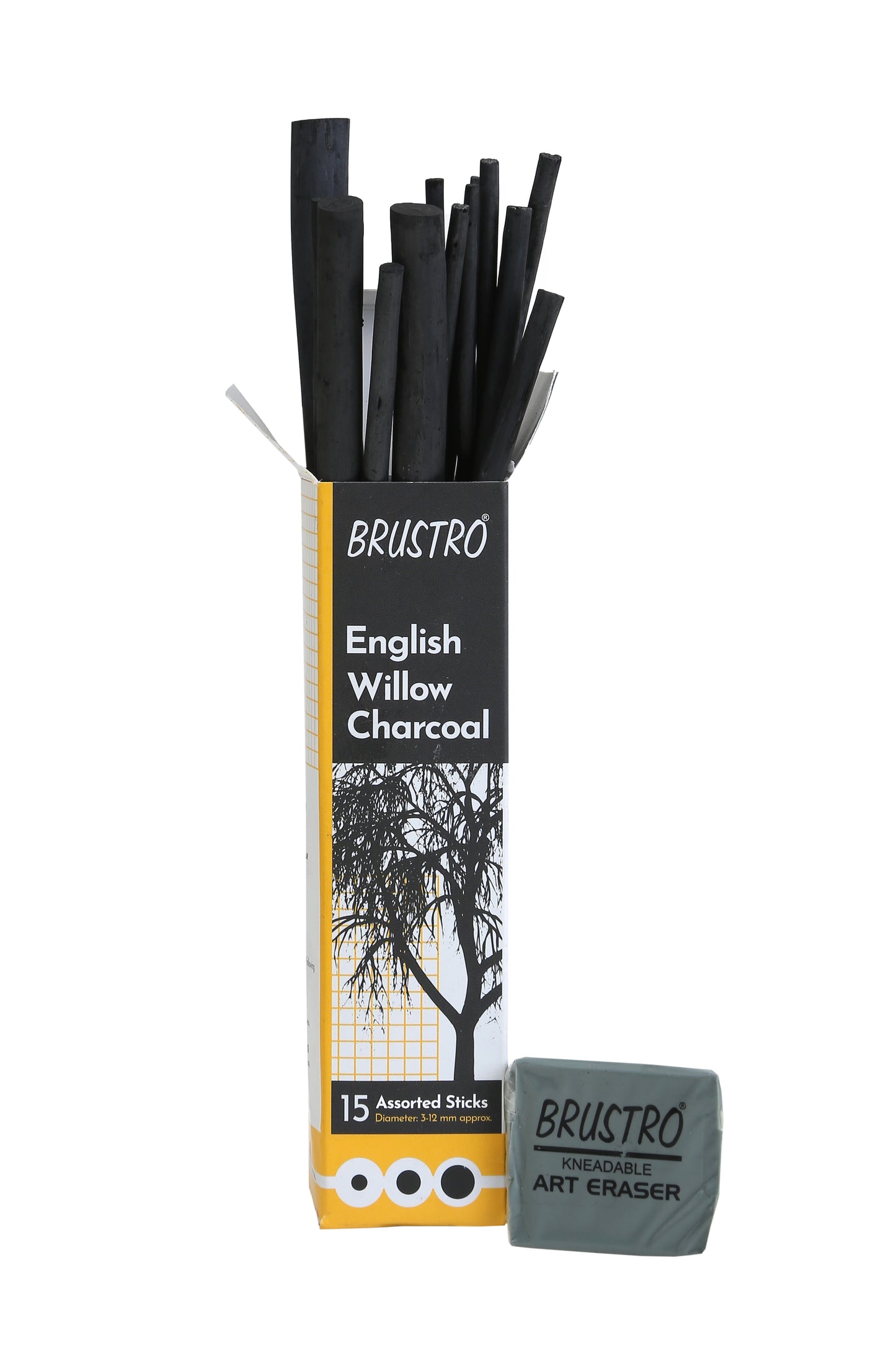 Brustro English Willow Charcoal Assorted (15 Sticks) (Free 1 Brustro Kneadable eraser and Blending Stump Set of 5 Worth Rs. 185)