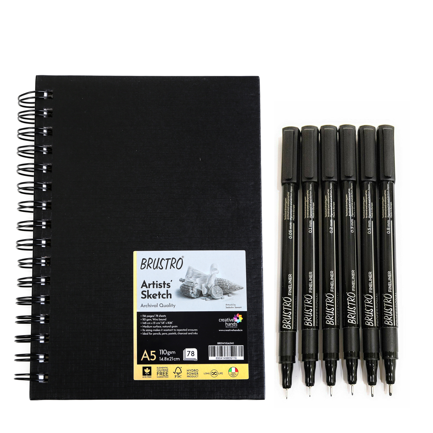 Brustro Professional Pigment Based Fineliner - Pack of 6 (Black) with Artist Sketch Book 110 GSM A5 Wiro Journal (156 Pages)