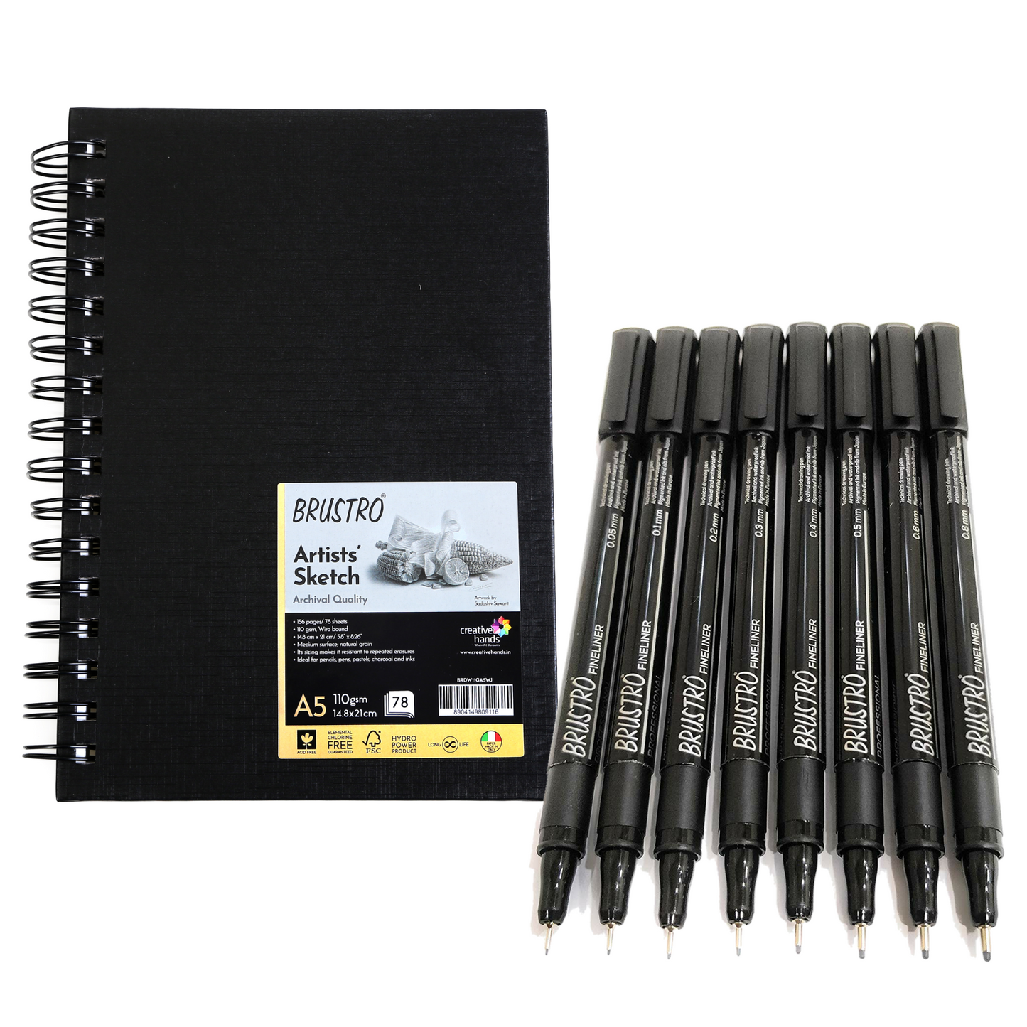 Brustro Professional Pigment Based Fineliner - Pack of 8 (Black) with Artist Sketch Book 110 GSM A5 Wiro Journal (156 Pages)