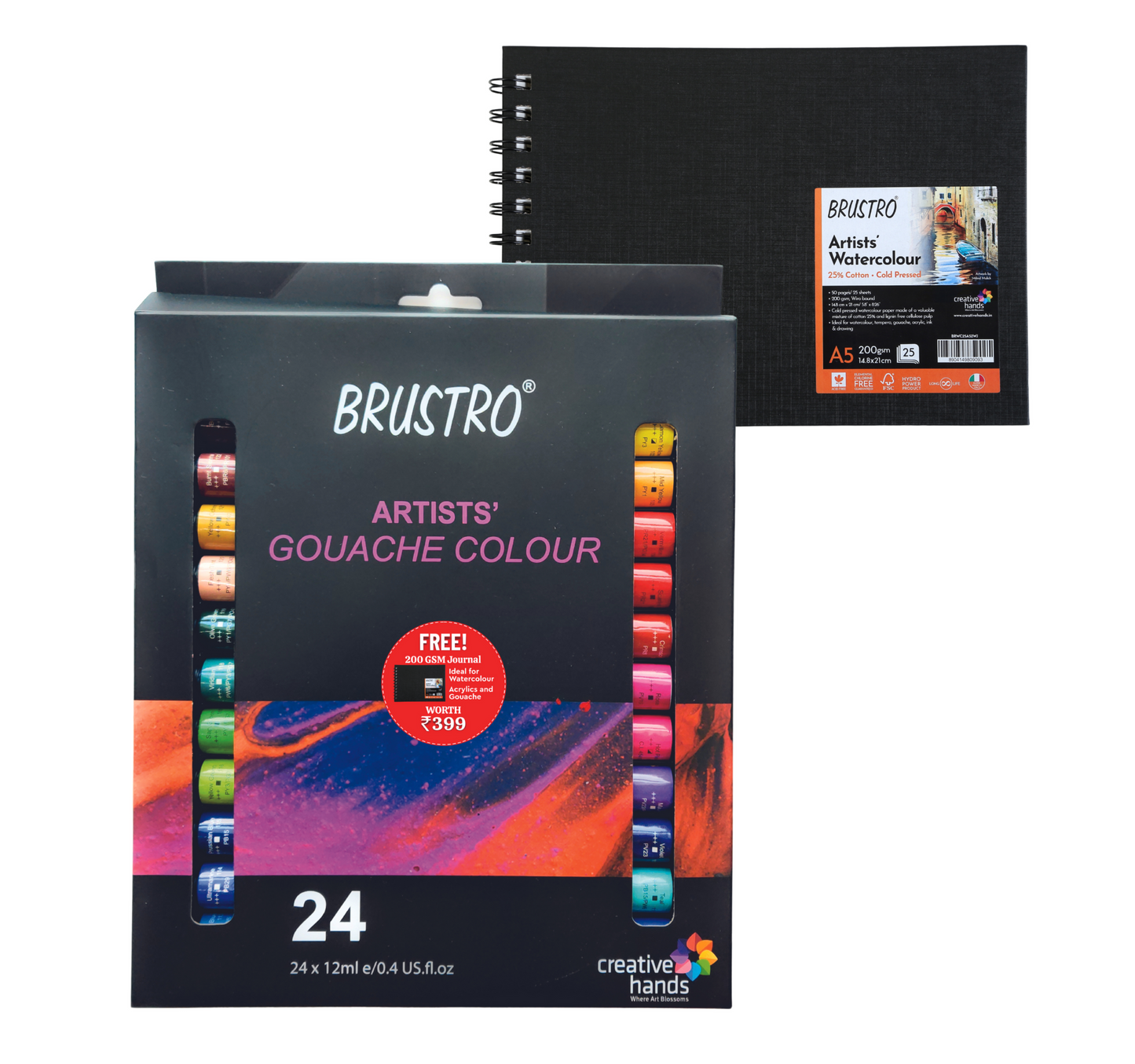 BRUSTRO Artist Gouache Colour Set of 24 Colours X 12ML Tubes with Watercolour Journal