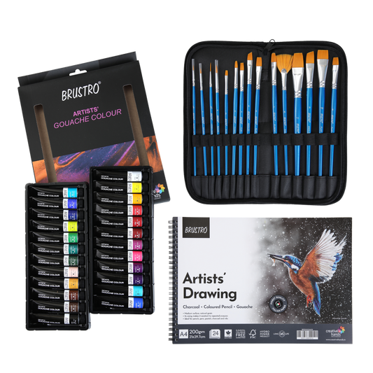 Brustro Artists Gouache Colour Set of 24 (12ML Tubes Each) + Synthetic Brush Set of 15 + Drawing Pad 200 GSM Wiro Bound.