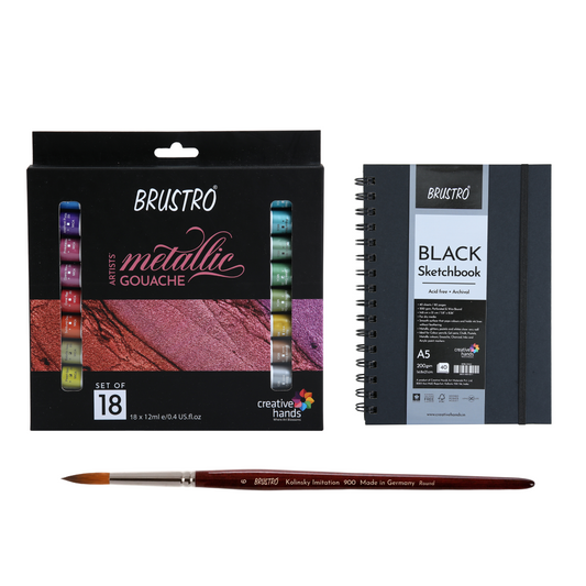 Brustro Metallic Gouache Set of 18 with Kolinsky Imitation WC Travel Brush Round Size 6 & Black Sketchbook, Wiro Bound, Size A5