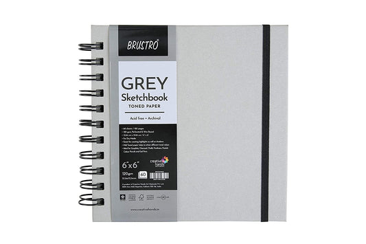 Brustro Toned Paper - Grey Sketchbook, Wiro Bound, Size 6" x 6", 120GSM (60 Sheets) 120 Pages