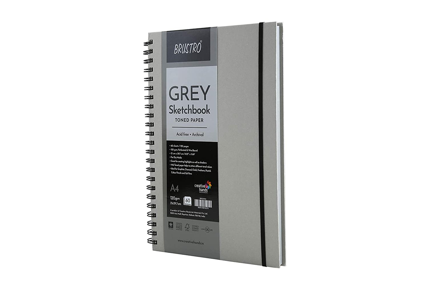 BRUSTRO Toned Paper - Grey Sketchbook | A4, 120 GSM | 60 Sheets/120 Pages | Wiro Bound, Spiral, Premium, Acid-free Paper, Ideal for Dry media, Mandala Art, Graphite, Charcoal, Colour pencils, Gel pens