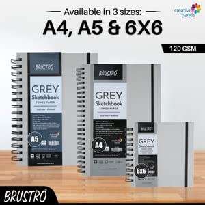 BRUSTRO Toned Paper - Grey Sketchbook | A4, 120 GSM | 60 Sheets/120 Pages | Wiro Bound, Spiral, Premium, Acid-free Paper, Ideal for Dry media, Mandala Art, Graphite, Charcoal, Colour pencils, Gel pens