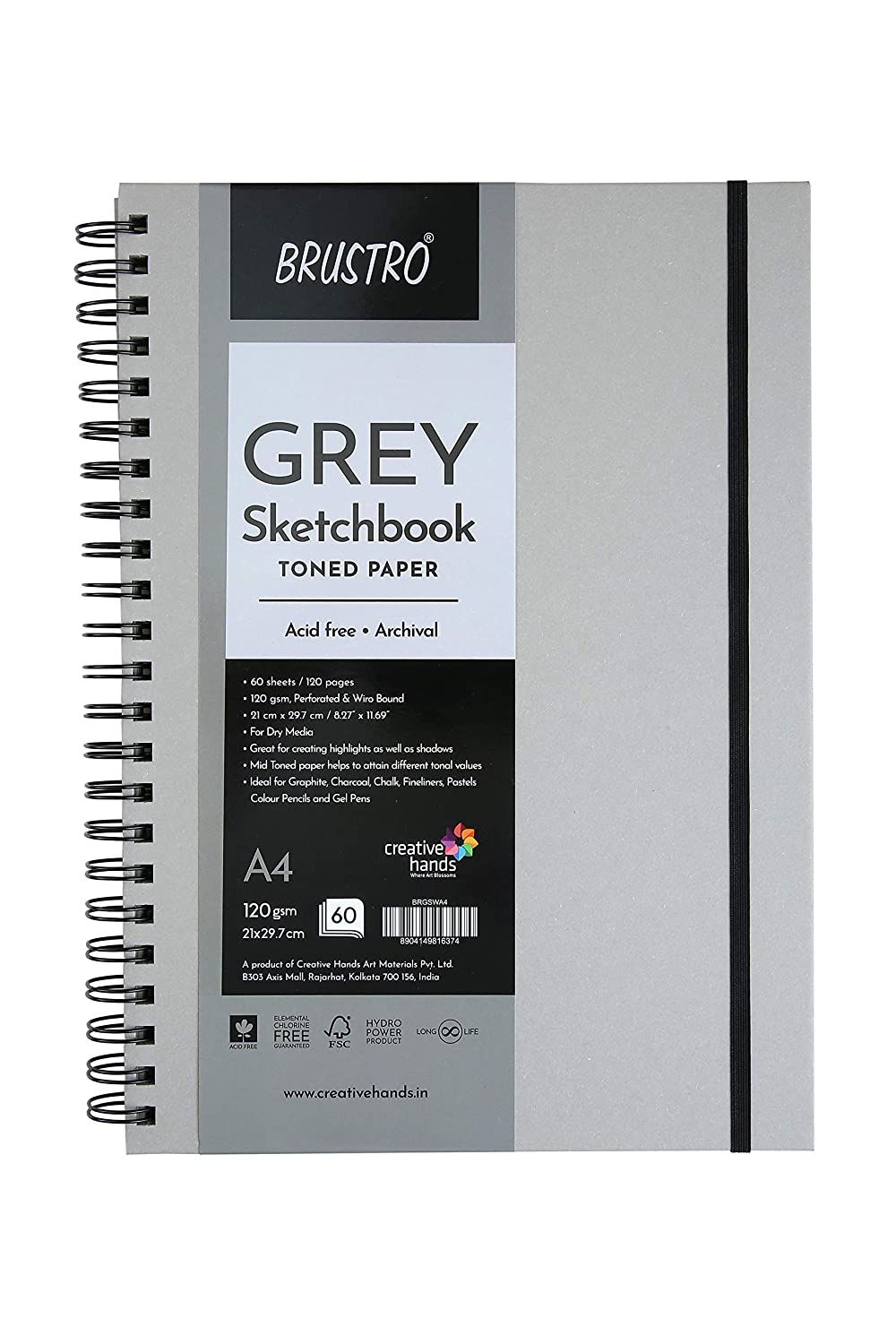 Brustro Toned Paper - Grey Sketchbook, Wiro Bound, Size A4, 120GSM (60 Sheets), 120 Pages