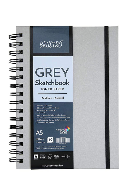 BRUSTRO Toned Paper - Grey Sketchbook | A5, 120 GSM | 60 Sheets/120 Pages |Wiro Bound, Spiral, Drawing, Sketching, Acid-free Paper, Dry media, Mandala Art, Graphite, Charcoal, Colour pencils, Gel pens