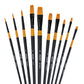 BRUSTRO Artists Gold Taklon Brushes Set of 10| Ideal for Acrylics, Oil paintings, Watercolour | long handle, Bright, Filbert, Flat, Round, Professional Art, School, Office Use.