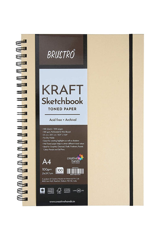 Brustro Toned Paper - Kraft Sketchbook, Wiro Bound, Size A4, 100GSM. (100 Sheets) 200 Pages