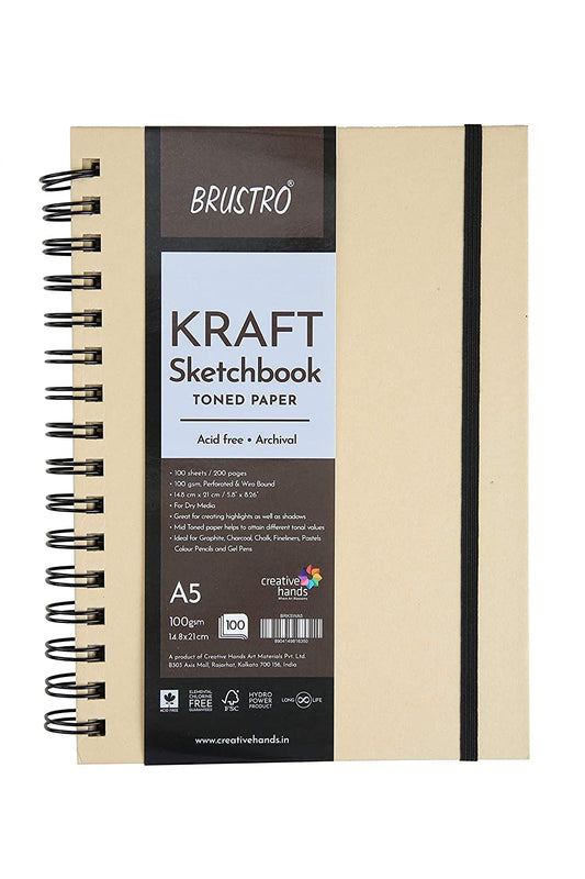 Brustro Toned Paper - Kraft Sketchbook, Wiro Bound, Size A5, 100GSM (100 Sheets) 200 Pages