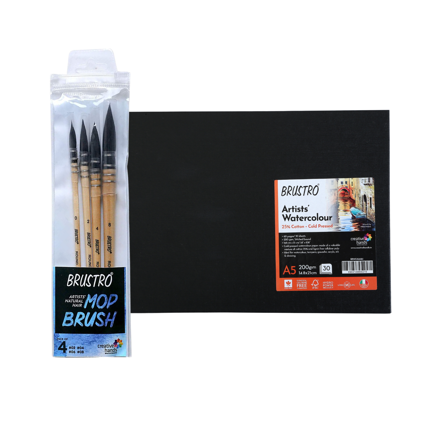 BRUSTRO Artists Natural Hair MOP Brush Set of 4 (0, 2, 4, 8) with A5 Stitched Bound 200GSM Watercolour Journal