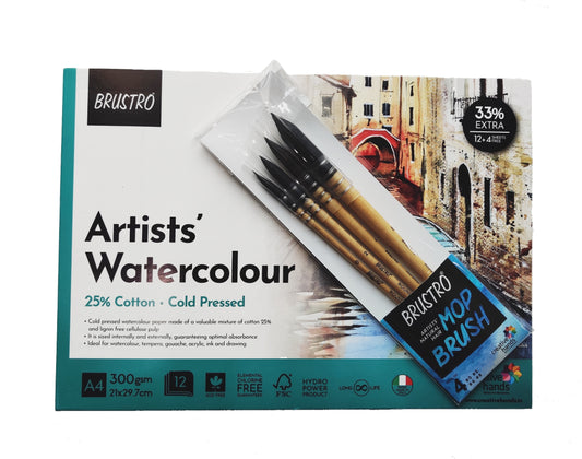 BRUSTRO Artists Natural Hair MOP Brush Set of 4 (0, 2, 4, 8) with Artist Watercolour Pad Cold Pressed 300 GSM 25% Cotton A4 - (12 + 4 Free Sheets)