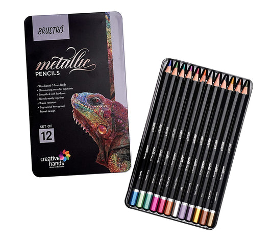 BRUSTRO Artist Metallic Colour Pencil Set of 12 Shades, 3.3mm lead | Wax-based, Ergonommic, Break Resistant, Easy Blending, Non-toxic Colors, Ideal for Fine Art and Craft.