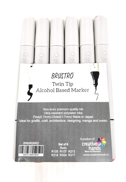 BRUSTRO Twin Tip Alcohol Based Marker Set of 6 (Reds) in Crossline PP See Through Box