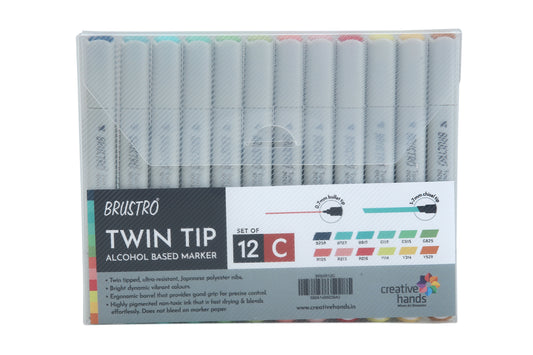 BRUSTRO Twin Tip Alcohol Based Marker Set Of 12 - Basic C in Crossline PP See Through Box