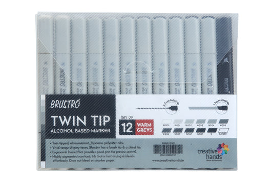 BRUSTRO Twin Tip Alcohol Based Marker Set of 12 - Warm Greys in Crossline PP See Through Box|Broad 1-7mm line,Fine 0.7mm|Ideal for Art,Sketching,Waterproof,Graffiti,Professional Comic Artist,Architect