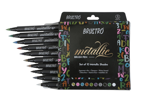 BRUSTRO Metallic Brush Pens - Soft Brush Tip for Calligraphy, Hand Lettering, Colouring, Scrapbooking, Card Making - Set of 10 Colors.