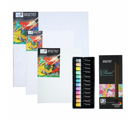 BRUSTRO Artists’ Acrylic Color Set of 12 Colors X 12ML Tubes, Pastel Shades, with 3 Medium Grain 100% Cotton Canvas Boards Sizes (8x10, 10x12, 12x12) Inches