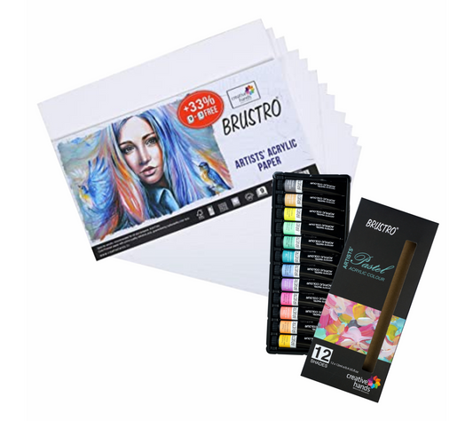 BRUSTRO Artists ’ Acrylic Pastel Colour Set of 12 Colours X 12ML Tubes with 400 GSM A4 Size Paper (Pack of 9 + 3 Free Sheets)