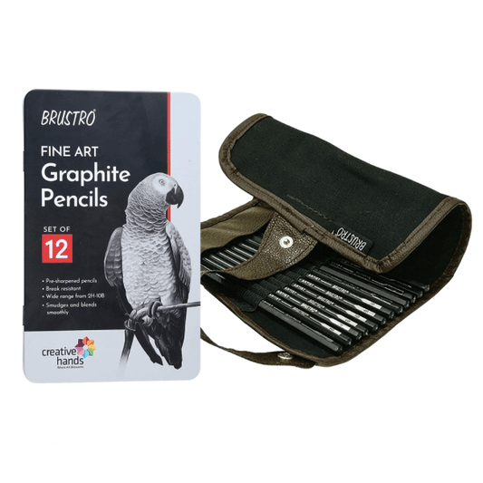 Brustro Artists’ Fineart Graphite Pencil Set of 12 (10B-2H) with 2 Brustro ECO-PVC Dust-free erasers and Brustro Pencil wrap (24 Slots) Canvas Roll Up Carry Case