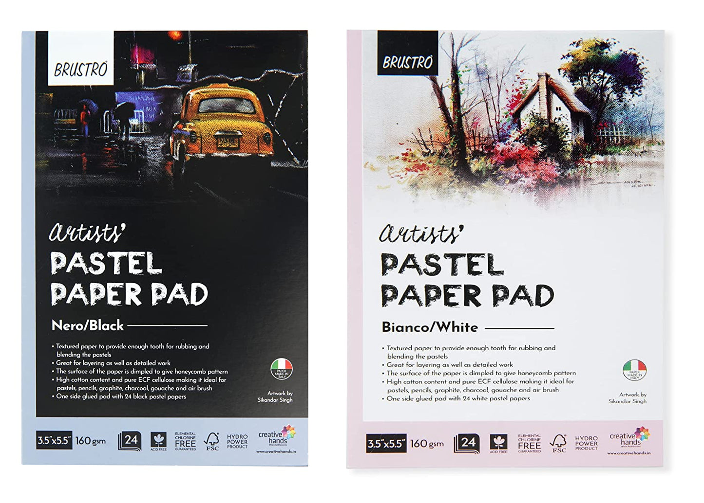 Brustro Artists' Pastel Paper Pad, Set of 4, 24 Sheets Each(160 GSM), Colour - Black, White, Earth Tones & Grey Tones, Size - 3.5" x 5.5"