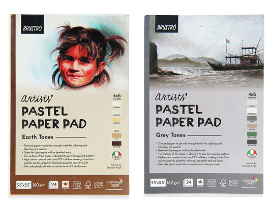 Brustro Artists' Pastel Paper Pad Set of 2, 24 Sheets (160 GSM) Each, Colour - Earth Tones & Grey Tones, Size - 3.5" x 5.5"