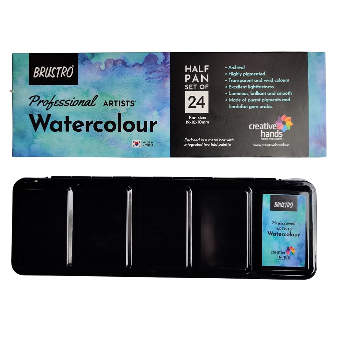 Brustro Professional Artists' Watercolour 24 half pan set with Brustro Kolinsky Imitation Brush Round 6