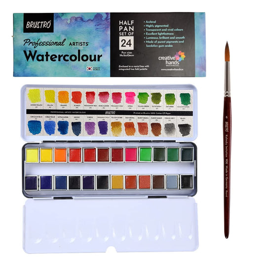 Brustro Professional Artists' Watercolour 24 half pan set with Brustro Kolinsky Imitation Brush Round 6