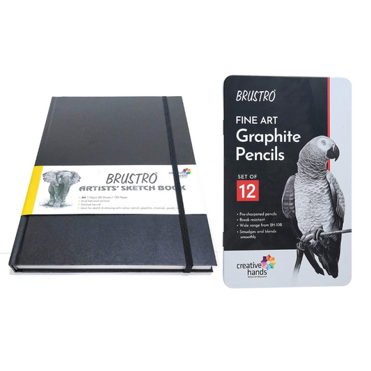 Brustro Artists Sketch Book Stitched Bound A5 110 GSM with BRUSTRO Artists ’ FINEART Graphite Pencil Set of 12 (10B-2H)