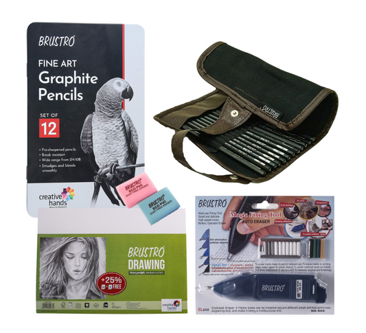 BRUSTRO Artists ’ FINEART Graphite Pencil Set of 12 (10B-2H), with Wiro Bound A5 Size Artists Sketch Book, 120 Pages, 160 GSM