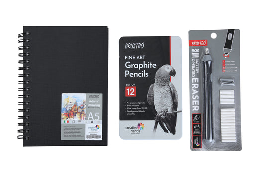 Brustro Slim Battery Operated Eraser + Graphite Pencil Set of 12 + A5 wiro Sketchbook