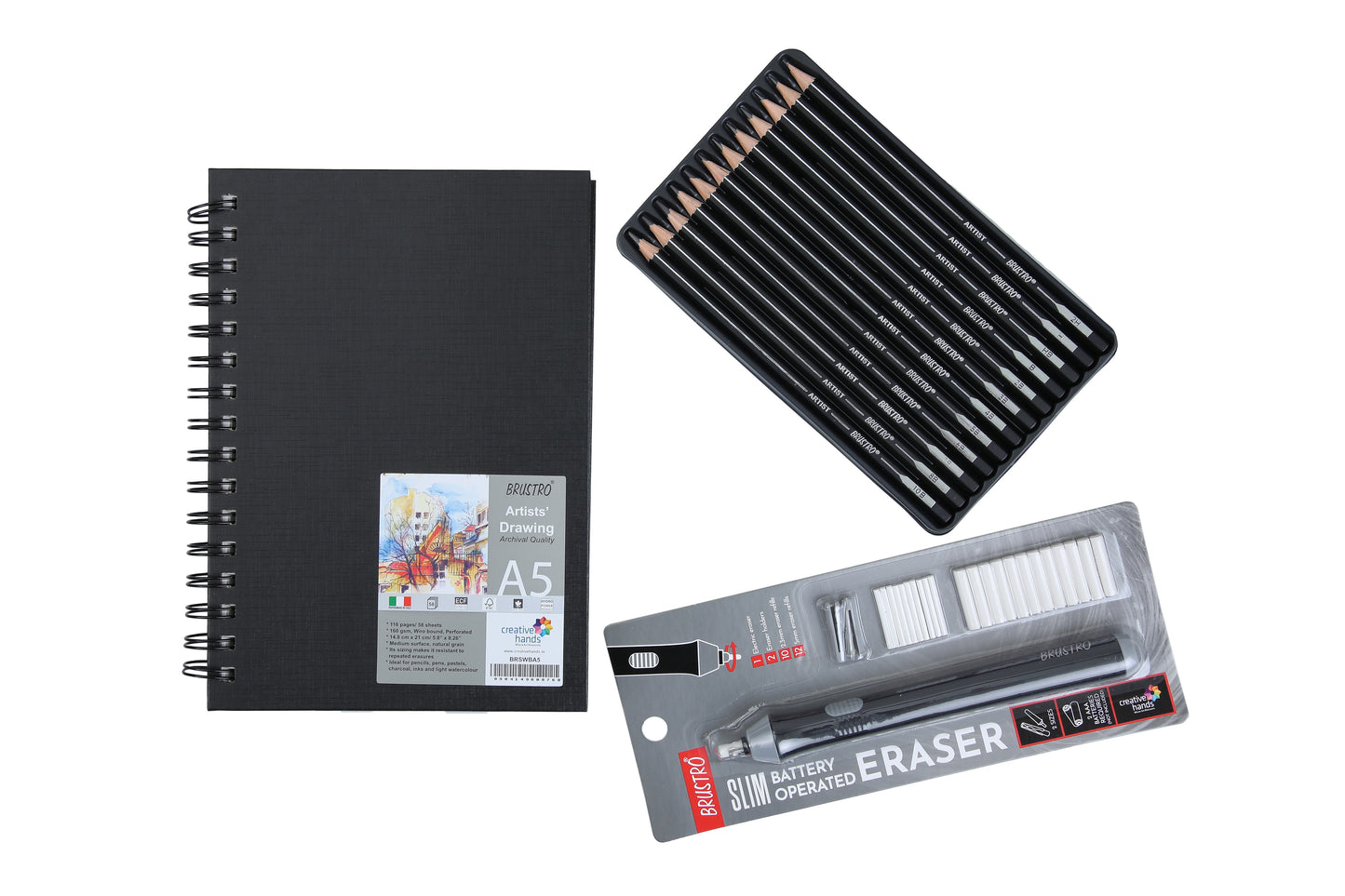 Brustro Slim Battery Operated Eraser + Graphite Pencil Set of 12 + A5 wiro Sketchbook