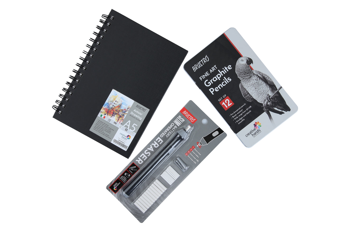 Brustro Slim Battery Operated Eraser + Graphite Pencil Set of 12 + A5 wiro Sketchbook