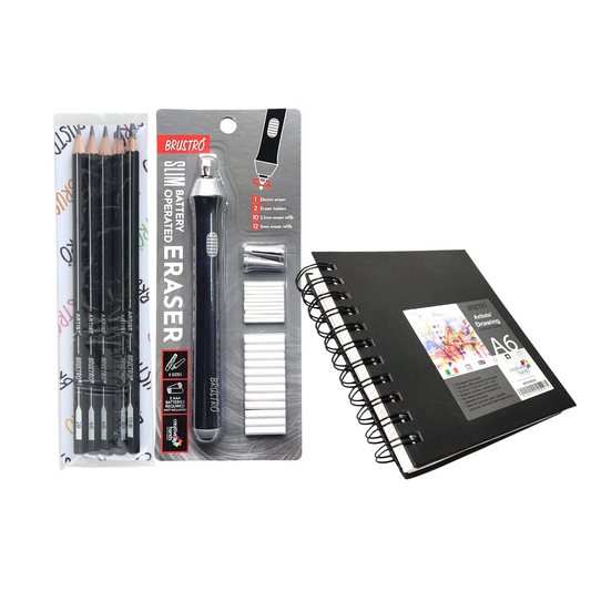 Brustro Slim Battery Operated Eraser + 5 Pencils + A6 wiro Sketchbook