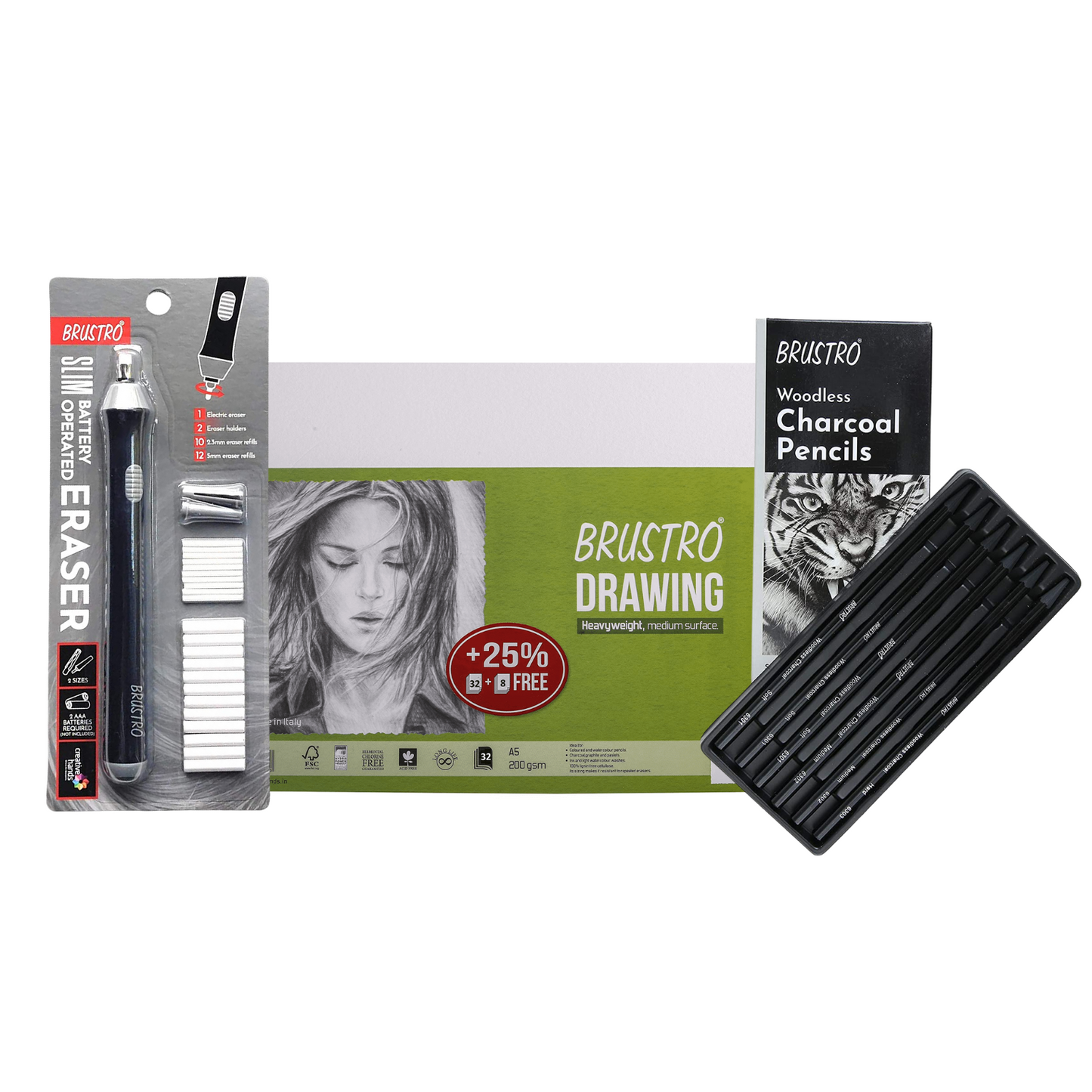 Brustro Slim Battery Operated Eraser + Woodless Charcoal Pencil + A5 Drawing Paper (32+8 Sheets)