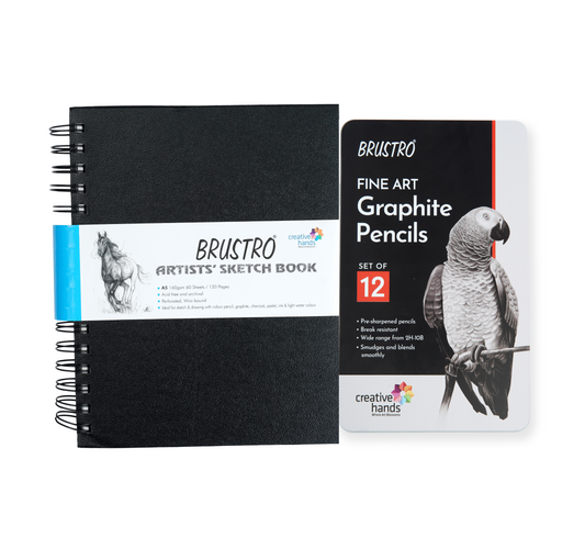 BRUSTRO Artists ’ FINEART Graphite Pencil Set of 12 (10B-2H), with Wiro Bound A5 Size Artists Sketch Book, 120 Pages, 160 GSM