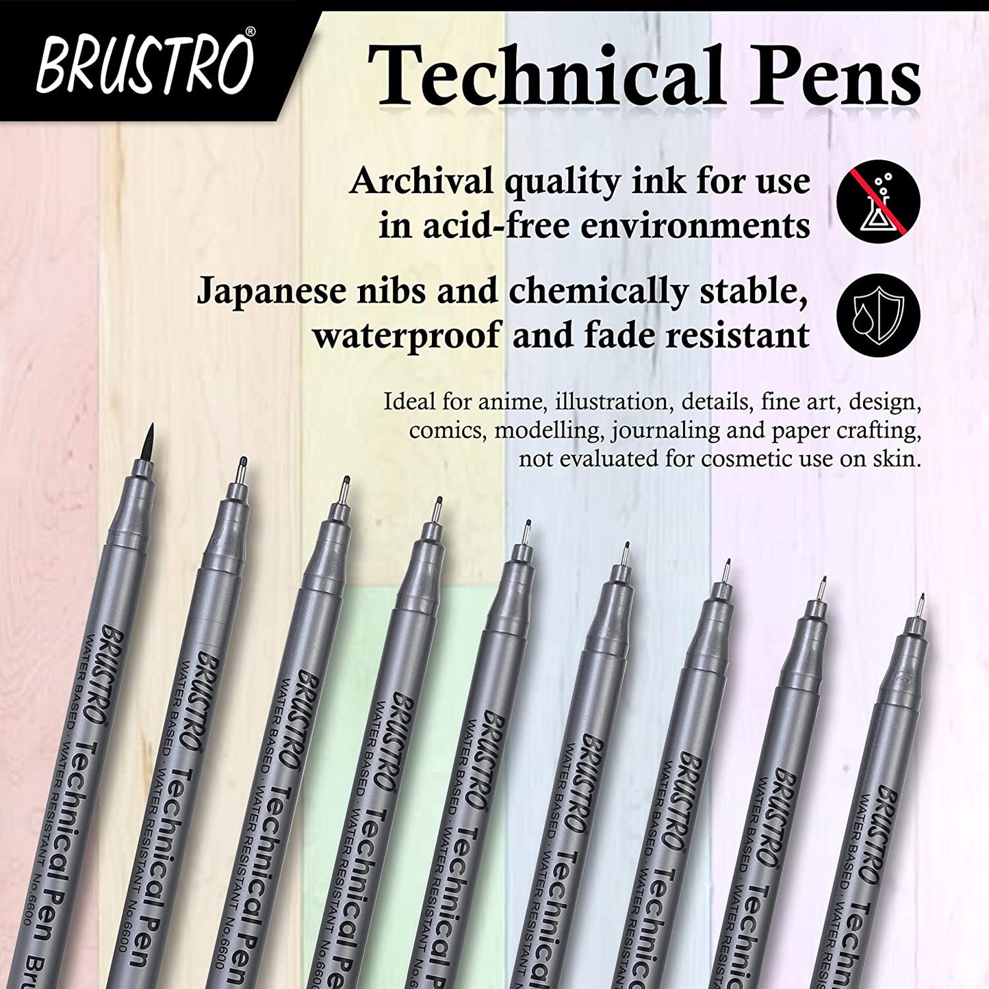 BRUSTRO Technical Pen Assorted Pack of 9 with Artist Sketch Book 110 GSM A5 Wiro Journal (156 Pages)