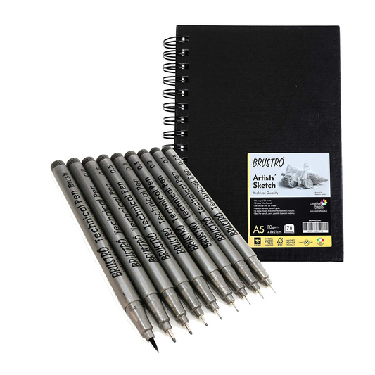 BRUSTRO Technical Pen Assorted Pack of 9 with Artist Sketch Book 110 GSM A5 Wiro Journal (156 Pages)