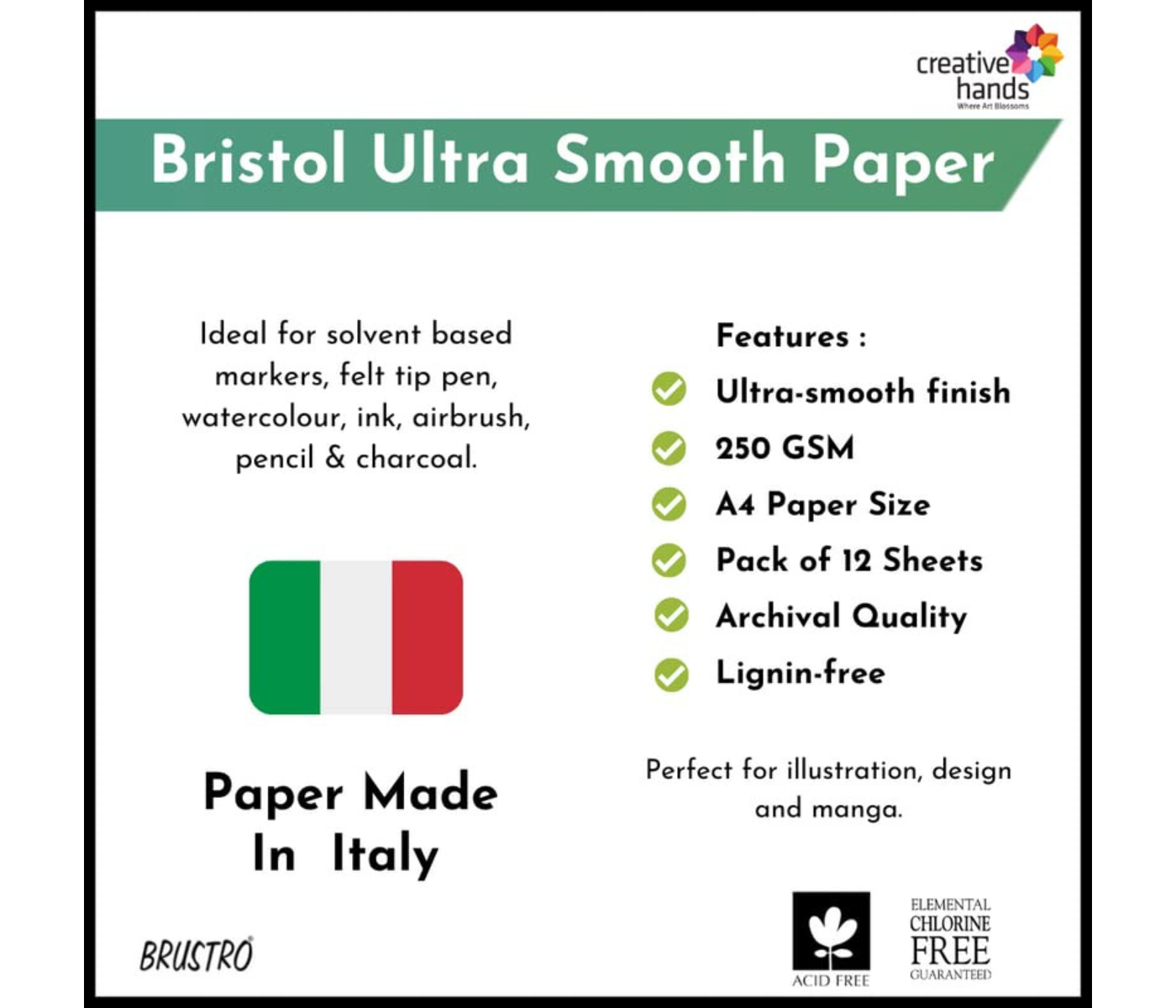 Brustro Technical Pen Fineliner Set|Black| Set of 6|Ideal for Students,Adults|Doodle,Mandala,Fineart,Outline,Waterproof,Architecture,Technical Drawing with Brustro Ultra Smooth Bristol 250 GSM A4 - (Pack of 12 Sheets)