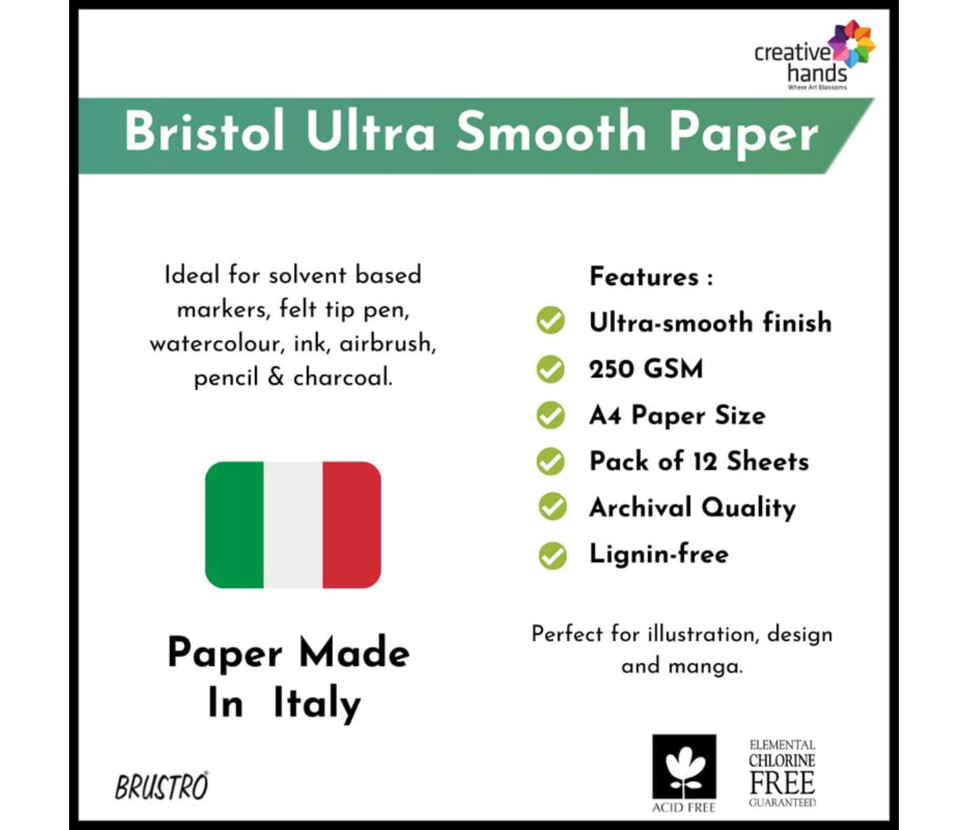 BRUSTRO Set of 9 Technical Pens with Bristol Ultra Smooth A4 Size ( 20 +4 Sheets )