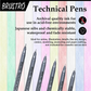 Brustro Technical Pen Black (Set of 6) with Brustro Ultra Smooth Bristol 250 GSM A4 - (Pack of 12 Sheets)