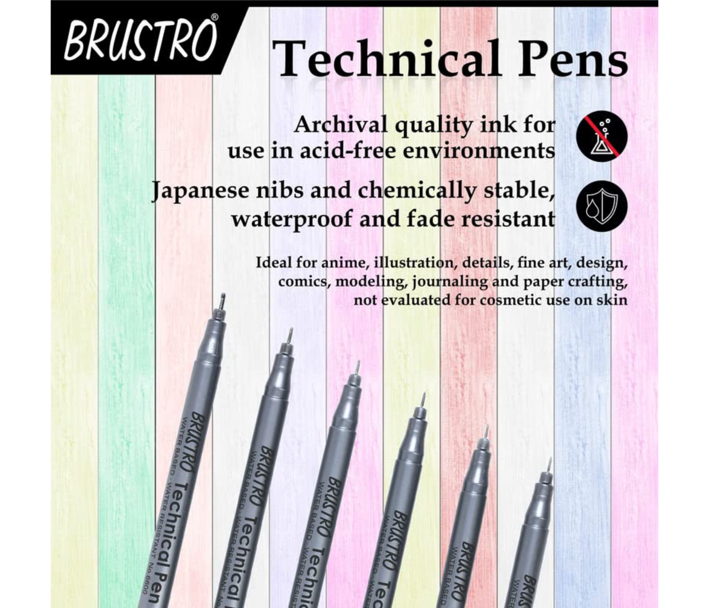 Brustro Technical Pen Fineliner Set|Black| Set of 6|Ideal for Students,Adults|Doodle,Mandala,Fineart,Outline,Waterproof,Architecture,Technical Drawing with Brustro Ultra Smooth Bristol 250 GSM A4 - (Pack of 12 Sheets)